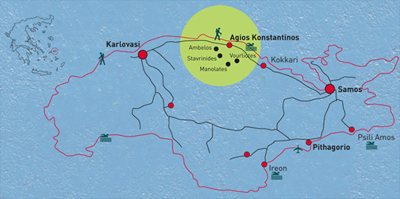 Roadmap of Samos with villages, beaches and hiking locations